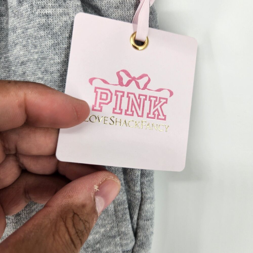 PINK x LoveShackFancy M Long Heather Grey Wide Leg Sweatpants NWT - Picture 2 of 8